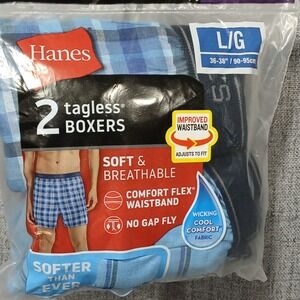Hanes Tagless Men's Boxer Shorts Large Blue Plaid No Gap Fly Comfort Flex